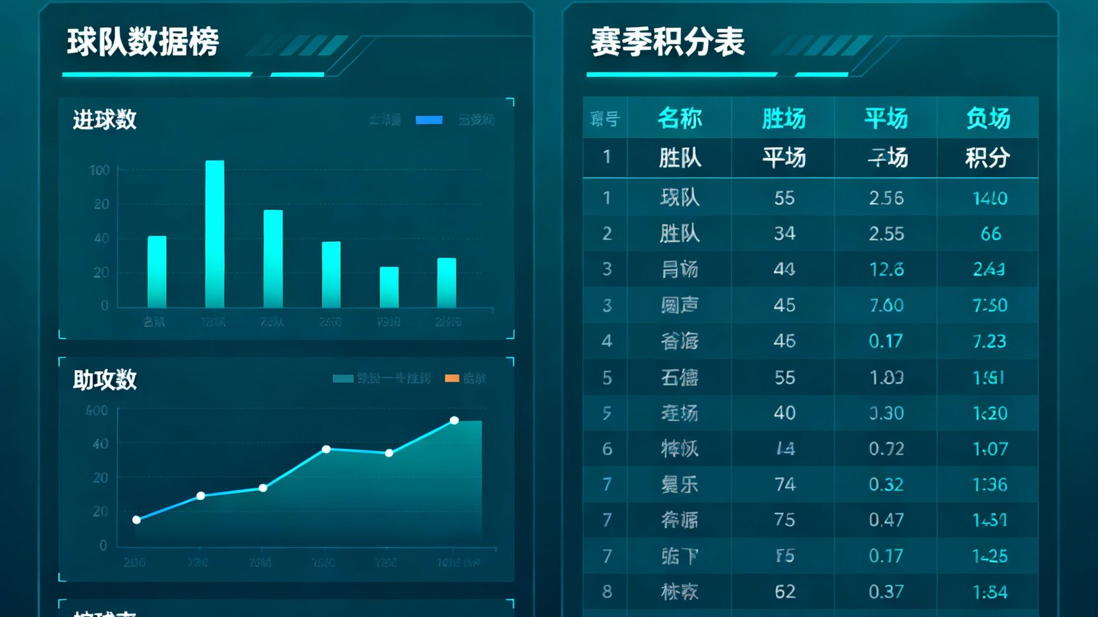 数据统计仪表盘展示球队数据榜和赛季积分表，包含进球数、助攻数、控球率等多项指标的可视化图表